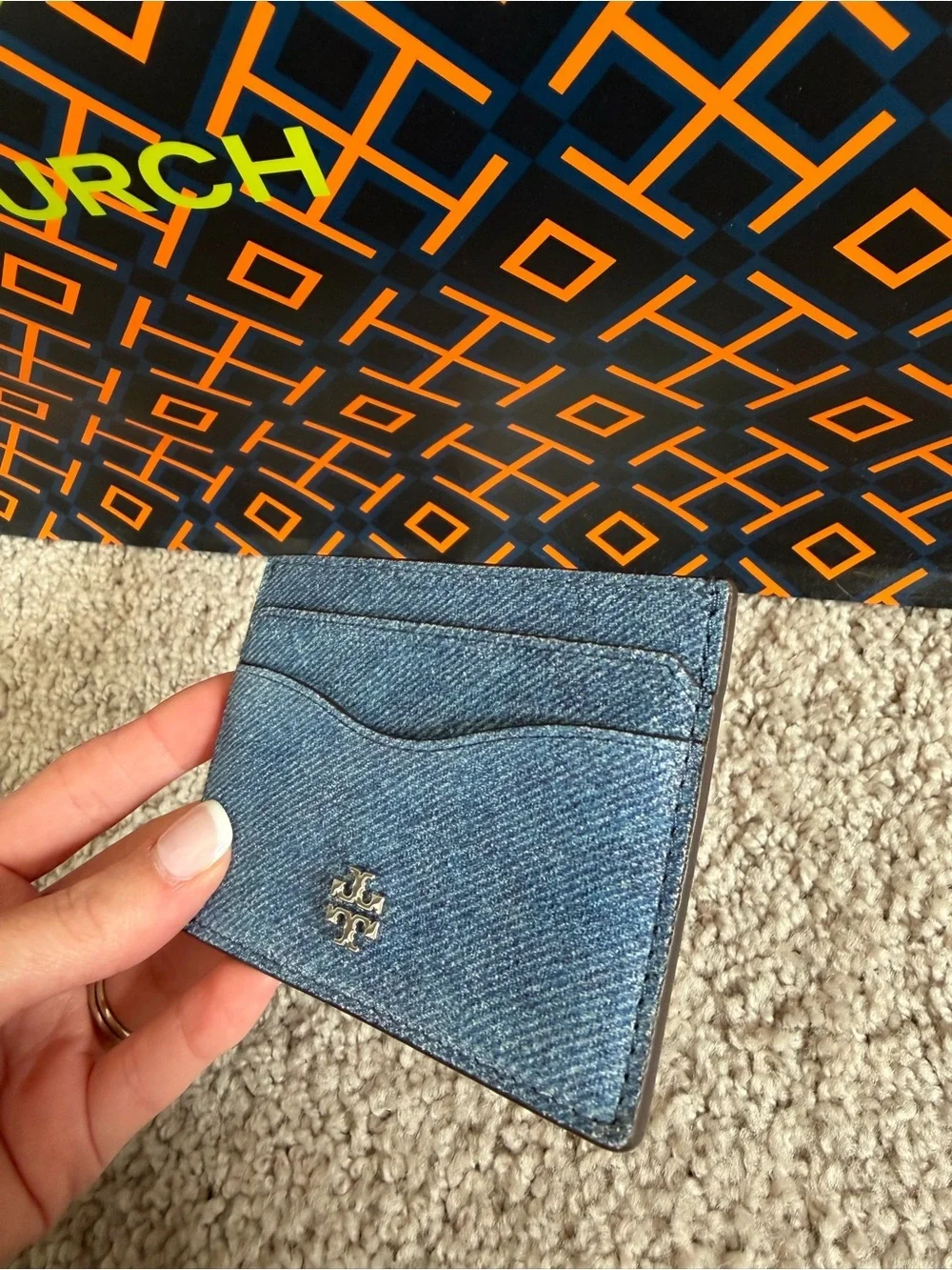 Tory Burch Emerson Denim Suede Slim Card Case Dark Denim Blue Soft
